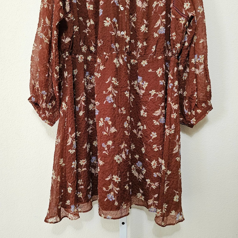 MADEWELL Women's Norma Rae Floral Print Long Sleeve Brown Mini Dress Sz 1X - Picture 3 of 12